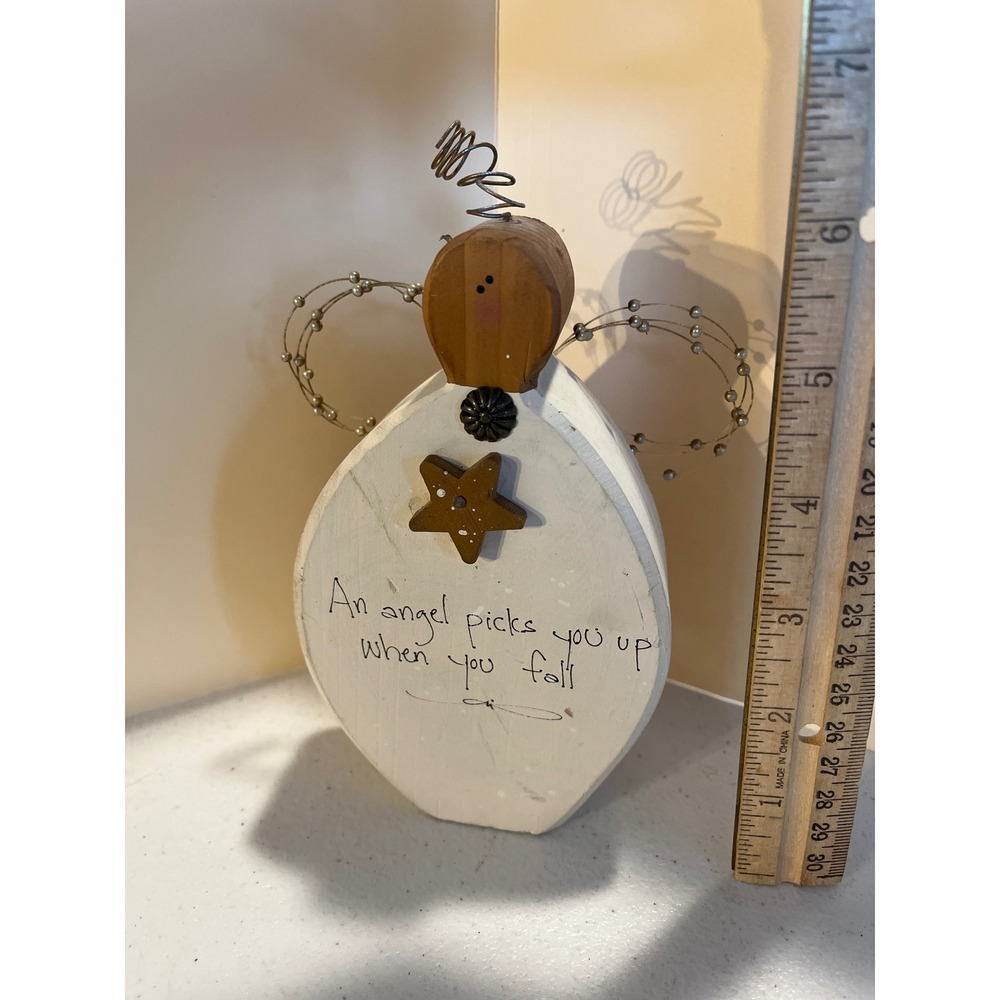 Primitive Wooden Angel Figurine Rustic Farmhouse Decor Inscribed Sentiment 6.5in